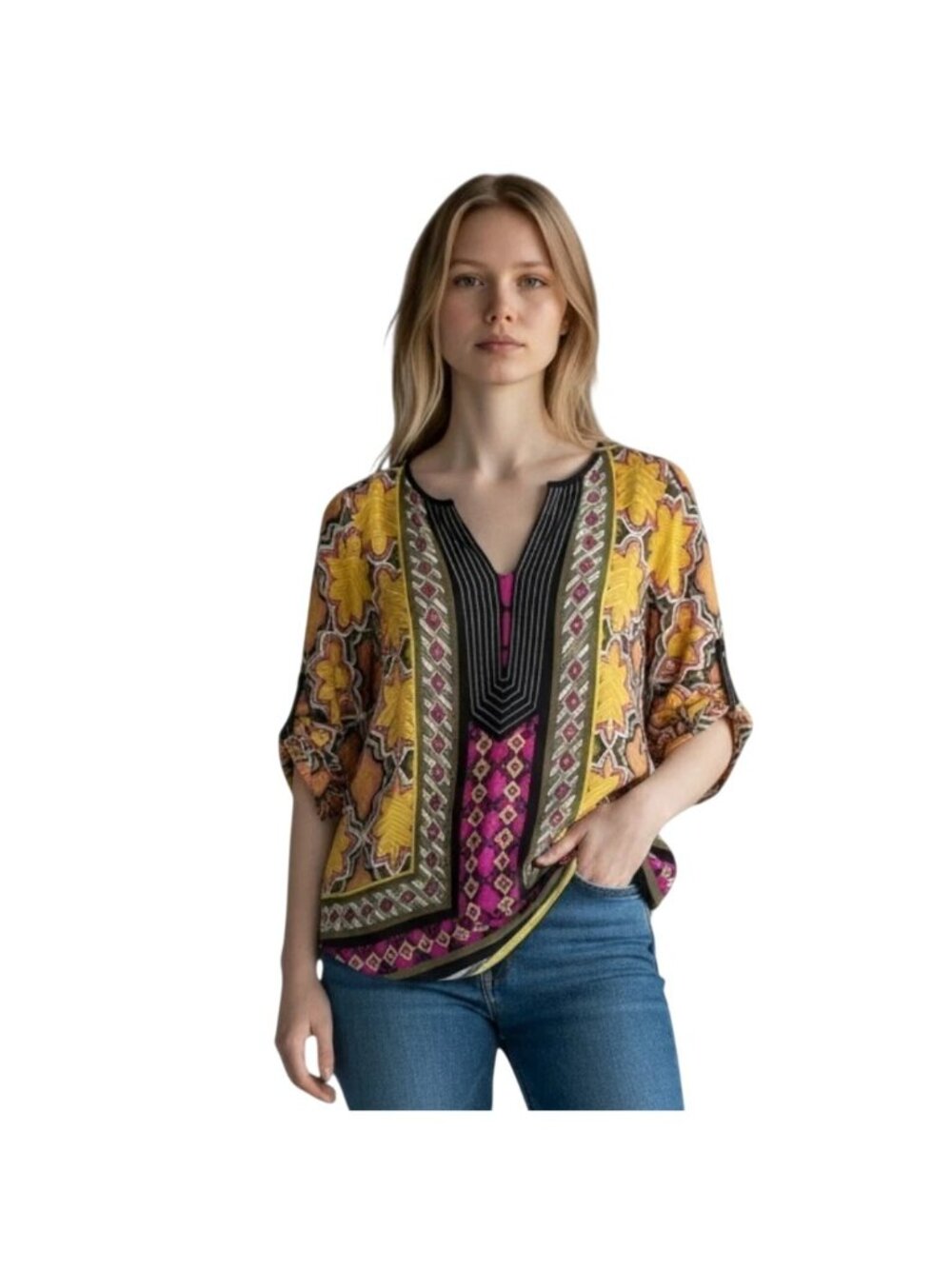 Dana Buchman Tunic Top Size Large Abstract Batik Print 3/4 Sleeve Multi Festival